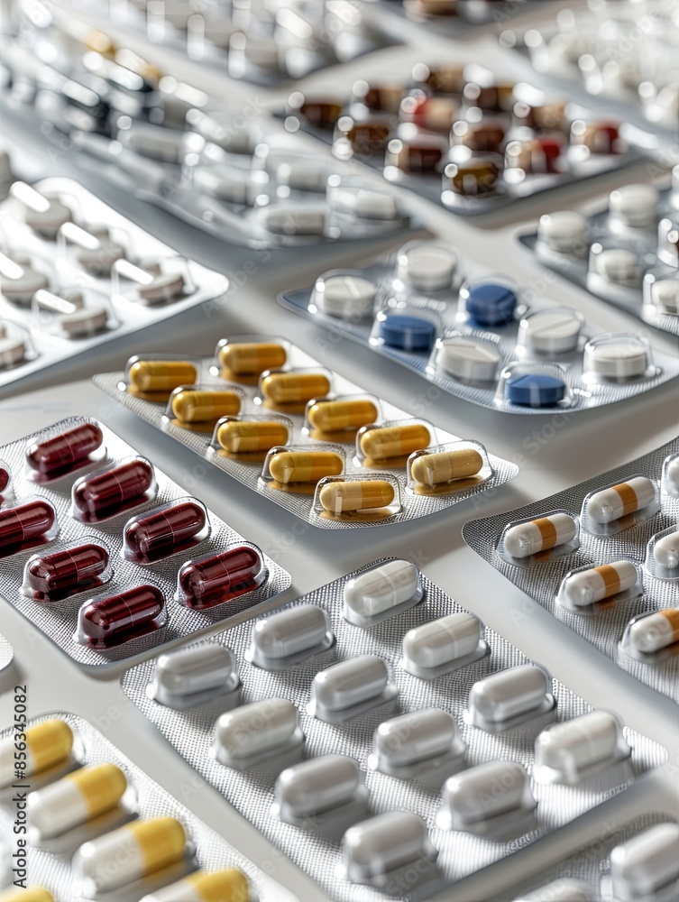 Poster a close-up photograph of various pills in blister packs arranged neatly on a white surface. generati
