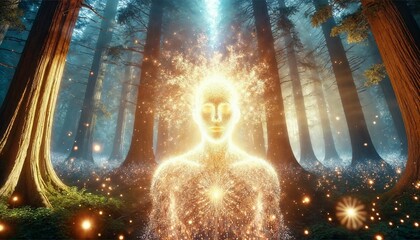 Luminous Being in an Enchanted Forest Surrounded by Glowing Particles - AI generated digital art