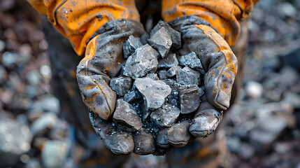A close-up view of a person's hands, clad in gloves, holding a handful of raw, metallic-looking substances. The substances appear to be chunks of a silver or gray metal, with some smaller particles