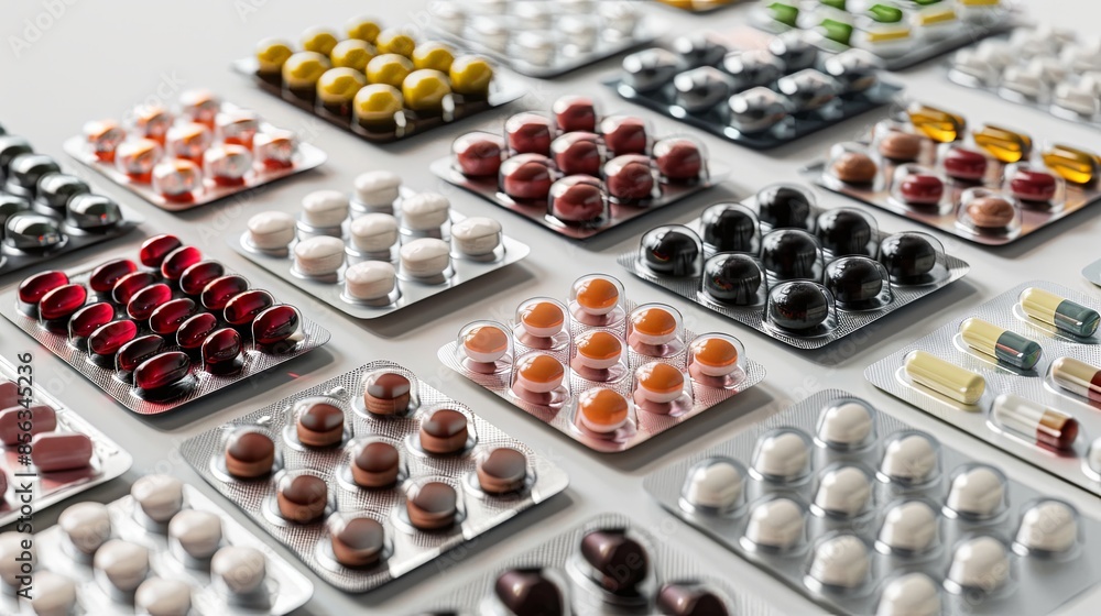 Poster a close-up shot of various pills arranged neatly in blister packs on a white surface. the image show