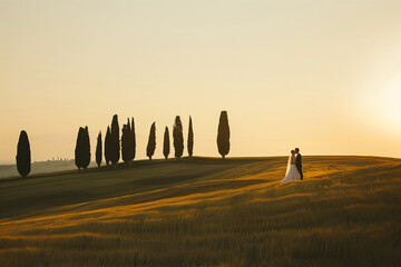 newlyweds at sunset on the Crete Senesi near a group of cypresses