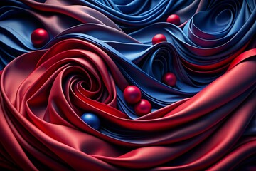 Silk Abstract Background, Waves with Balls, Blue and Red, Premium Aesthetic Background