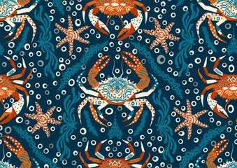 Nautical ornament crab seamless pattern, bright colors dopamine design in blue, red, orange, green, beige. Geometric art elements on organic shapes background for wallpaper, unisex dressing, home deco