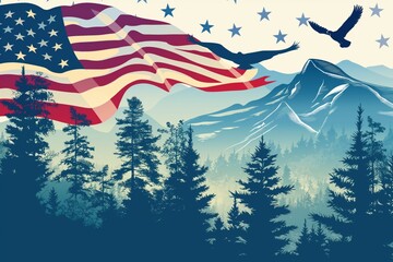 American flag waving proudly over a vast and majestic mountain landscape with soaring bald eagles, symbolizing freedom, patriotism, and the beauty of nature