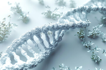 DNA double helix structure intertwined with delicate plants, illustrating the intersection of genetics and nature.