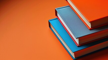 Books on orange background Education and reading concept Close up view copy space Pages of books as background