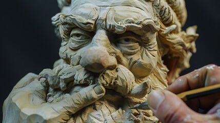 Fototapeta premium A wooden carving of a man with a beard and a beard Innovative Chisel Sculpting Generative Ai