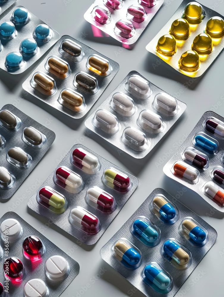 Poster a close-up photo of various blister packs of pills arranged in a neat pattern on a white surface. ge