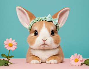 Adorable Baby Bunny with Floral Headband and Pink Flowers on Turquoise Background