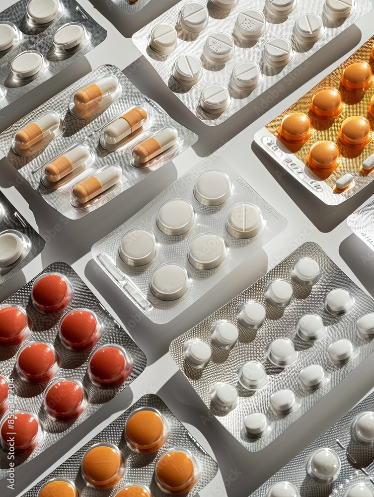 Poster a close-up shot of various pills in blister packs, showcasing the packaging and medication in a neat