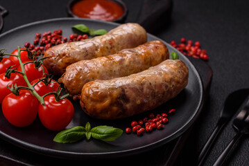 Baked chicken or pork sausages, salt, spices and herbs
