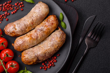Baked chicken or pork sausages, salt, spices and herbs