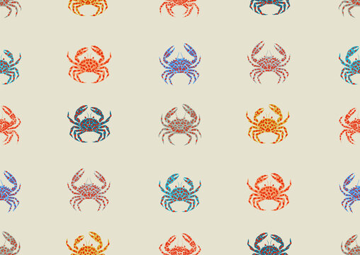 Nautical crab seamless pattern, bright colors dopamine design in blue, red, orange, green, beige. Geometric art element shapes background for wallpaper, unisex dressing, home decor