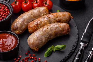 Baked chicken or pork sausages, salt, spices and herbs