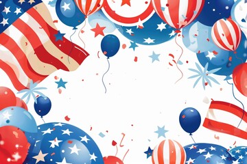 This vibrant illustration features a celebratory scene with american flags and balloons, capturing the patriotic spirit of independence day