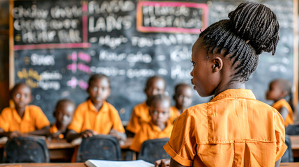 African school class, in the foreground teacher with her back turned, students in the background. Back to school.