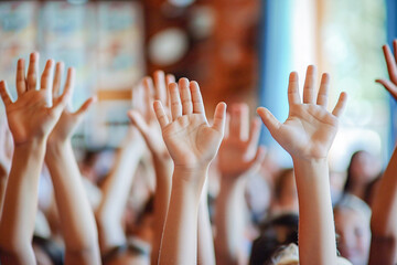 Elementary school classroom with students' hands raised. Back to school. Education.