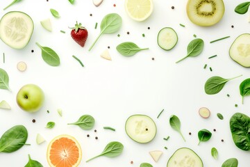 Variety of fresh fruits and vegetables are creating a frame on a white background, with space in the middle for text or other design elements