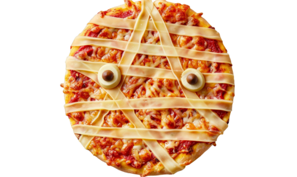 Halloween Mummy Pizza with Cheese Strips and Olive Eyes Fun and Spooky Holiday Food Design