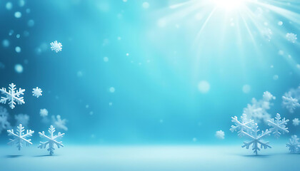 winterlich blau weißer Hintergrund mit Sonnenstrahlen Schneeflocken Bokeh und Glitzern über freier Fläche mit Schnee und Eis für Werbung Produkte selbst gestalten weihnachtlich Weihnachten