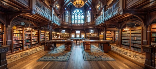 Obraz premium Prestigious University Grand Library with Elegant Reading Areas and Vast Book Collections