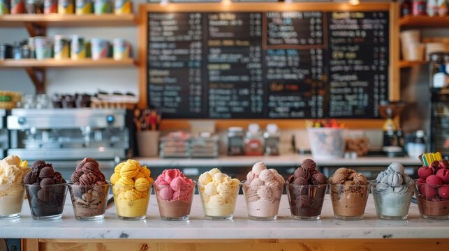 Ice Cream Shop Menu Focus on a menu board in an ice cream shop, with various ice cream flavors listed, with a parlor background, empty space left for text