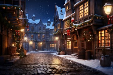 Fototapeta premium Holiday-decorated village street at night, with Christmas trees, houses, and charming lights.