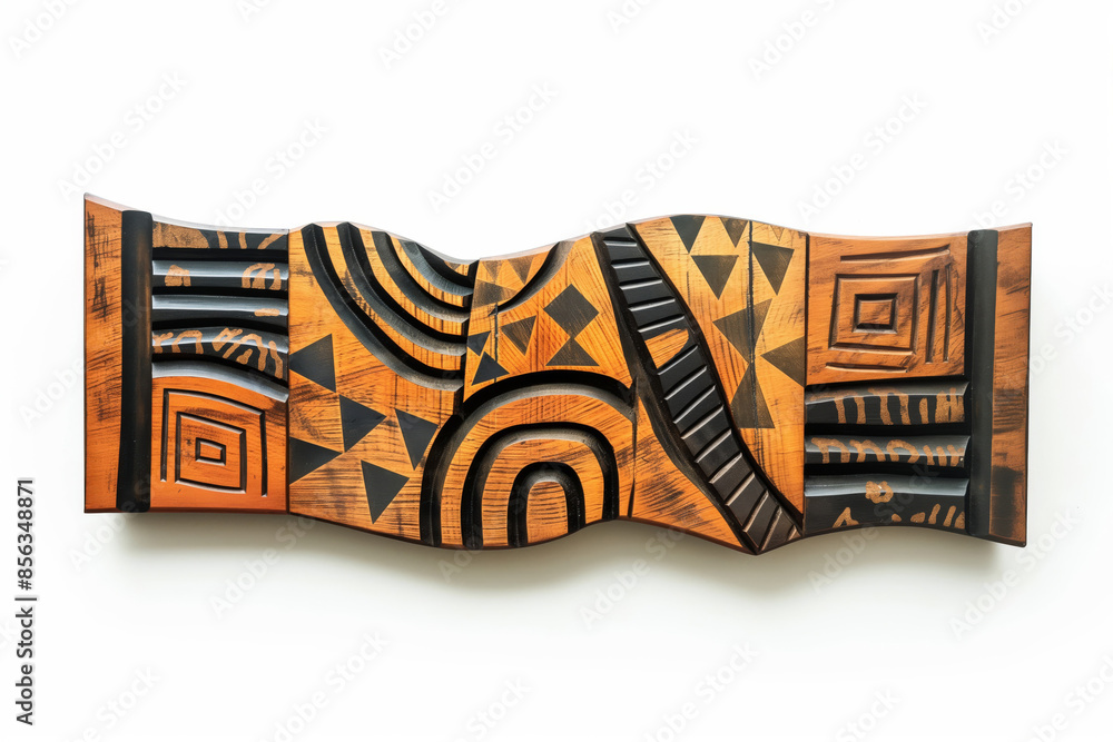 Poster unique wooden signboard featuring intricate abstract patterns in black and orange, isolated on a whi