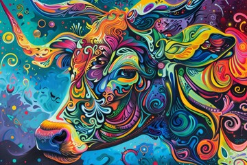 Psychedelic Artwork of a Cow with Swirling Colors and Abstract Patterns for Vibrant Decor