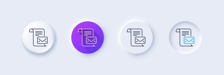 Mail letter line icon. Neumorphic, Purple gradient, 3d pin buttons. Read Message correspondence sign. E-mail symbol. Line icons. Neumorphic buttons with outline signs. Vector