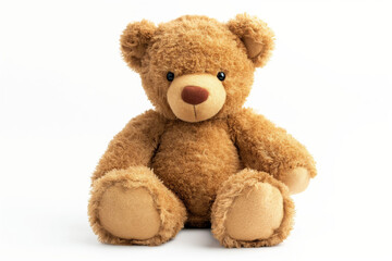 Charming classic brown teddy bear sits against a pure white background, offering comforting nostalgia and warmth with its plush texture
