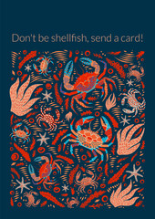 Obraz premium Bold dopamine design card with crab and seaweed in flat illustration style. Vector illustration. Vibrant blue, turquoise, beige, orange colors. Poster, banner, flyer, greeting card template.