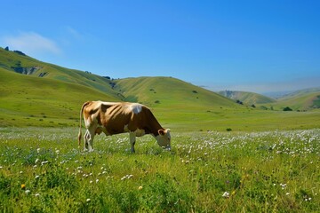 Serene Cow Grazing in Lush Green Meadow Surrounded by Wildflowers and Rolling Hills