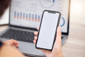 Laptop, phone and person on stock market mockup space, fintech ux or cryptocurrency charts. Hands, financial trader or screen of technology to check mobile app, banking investment or finance growth