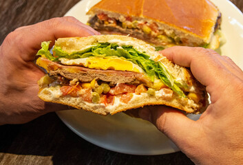 Hands holding hamburger cut in half. Burger with steak, egg, lettuce, tomato, cheese, mayonnaise,...