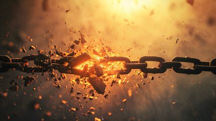 chain breaking with fiery sparks flying around it, symbolizing the concept of breaking free and liberation. The intense light and energy convey a powerful moment of emancipation and strength
