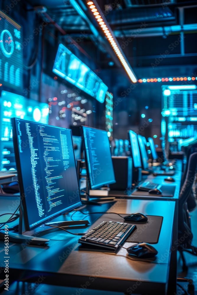 Poster state-of-the-art cybersecurity center with experts monitoring networks and protecting digital assets