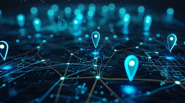 Digital GPS, neon map pin location.  Innovation navigation technology concept, network connection, information pointers