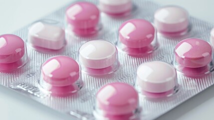 Pink and white tablets in blister pack on white background Concept of medication for healing Space for text