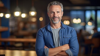 Fototapeta premium Portrait of confident mature businessman standing with arms crossed in coffee shop