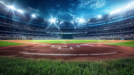 Night Baseball Game in Illuminated Stadium with Packed Enthusiastic Crowd - Perfect for Sports Enthusiasts