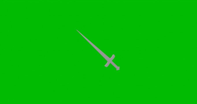 Animation of rotation of a white sword symbol with shadow. Simple and complex rotation. Seamless looped 4k animation on green chroma key background