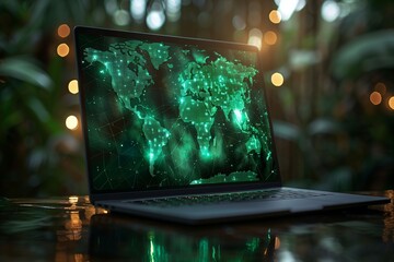 Green World Map Laptop Skin - Eco-friendly Design on Dark Background