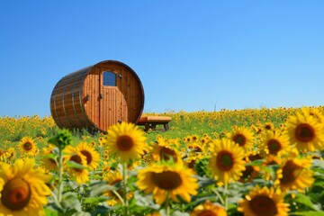 Obraz premium Wooden Barrel Sauna in Vibrant Sunflower Field Under Clear Blue Sky for Nature Retreats