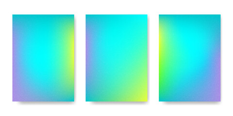 Naklejka premium Set of abstract neon gradient backgrounds. Modern green blue vibrant colors blend. Grain texture bright covers. Template for brochure, presentation, banner, social media design