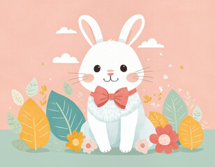 Whimsical Cartoon Bunny with a Red Bow Tie in a Colorful Garden