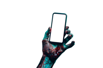 Mano zombie sosteniendo un teléfono móvil moderno.
Maqueta de teléfono celular con pantalla blanca sobre fondo transparente.
