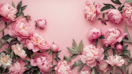 Pink peonies arranged elegantly on soft pink backdrop Minimalist floral display from above
