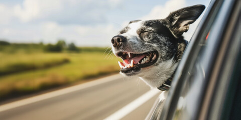 Happy dog enjoying a car ride on a sunny day