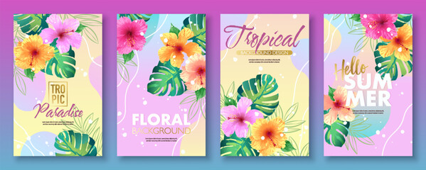Tropical summer template set with tropical flowers and leaves on variegated bright background. Vector illustration